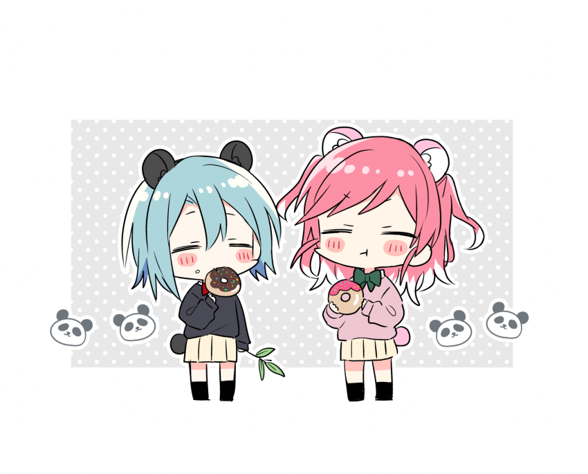2girls :t animal_ears bamboo black_sweater blue_hair border bow bowtie branch chibi chibi_only chocolate_donut closed_eyes closed_mouth colored_tips commentary_request donut double-parted_bangs doushitara_osananajimi_no_kanojo_ni_naremasu_ka!? eating fang food food_on_face green_bow green_bowtie grey_background hair_between_eyes highres holding holding_branch holding_donut holding_food kamiya_nanase long_sleeves makita_yuzu medium_hair multicolored_hair multiple_girls outside_border panda panda_ears panda_tail pink_donut pink_hair pink_sweater pleated_skirt polka_dot polka_dot_background red_bow red_bowtie school_uniform short_hair skin_fang skirt sleeves_past_wrists sprinkles standing sweater swept_bangs white_border white_hair yasaka_syu yellow_skirt