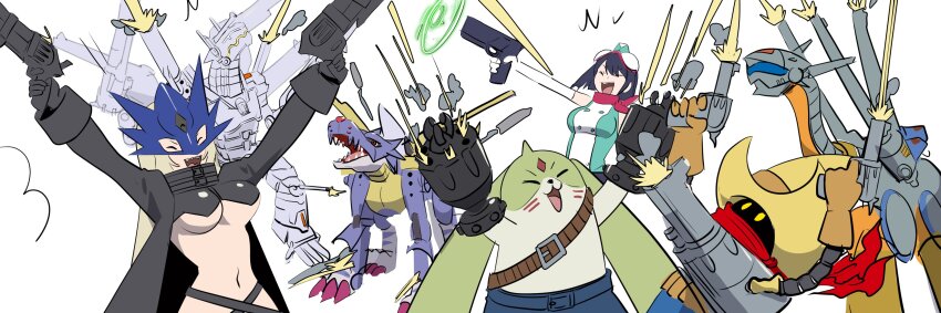 2girls absurdres aiming_up announcement_celebration arms_up beelstarmon black_coat black_hair blonde_hair breasts cannondramon closed_eyes coat cyborg digimon digimon_(creature) digimon_story:_time_stranger firing galgomon gun gundramon handgun highres holding holding_gun holding_weapon horns kakudrawmon large_breasts long_hair mechanical_wings medium_hair metalgarurumon multiple_girls non-humanoid_robot revolmon revolver robot robot_dragon sharp_teeth shoulder_cannon simple_background single_horn teeth third_eye underboob weapon white_background wings wolf yuuki_kanan yuuki_kanan