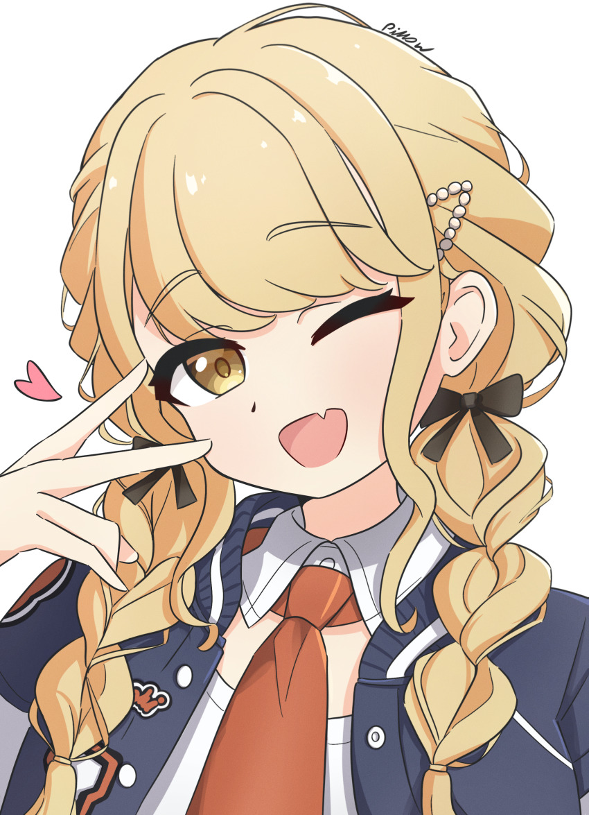 1girl ;d absurdres artist_name black_bow blonde_hair bow braid commentary fang fujita_kotone gakuen_idolmaster hair_bow head_tilt heart highres idolmaster long_hair looking_at_viewer makuraapillow necktie one_eye_closed open_mouth orange_necktie simple_background skin_fang smile solo twin_braids upper_body v v_over_eye white_background yellow_eyes