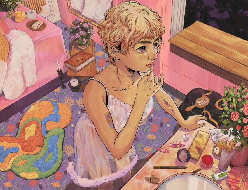 1girl arm_tattoo bandages bathtub blonde_hair book bottle breasts brown_eyes candle choker cleavage collarbone commentary compact_(cosmetics) cosmetics dress eniddin finger_to_mouth flower hair_brush highres jewelry lingerie lips makeup necklace original perfume_bottle plant potted_plant rubber_duck rug see-through_clothes see-through_dress signature sink solo standing symbol-only_commentary table tattoo underwear vase window