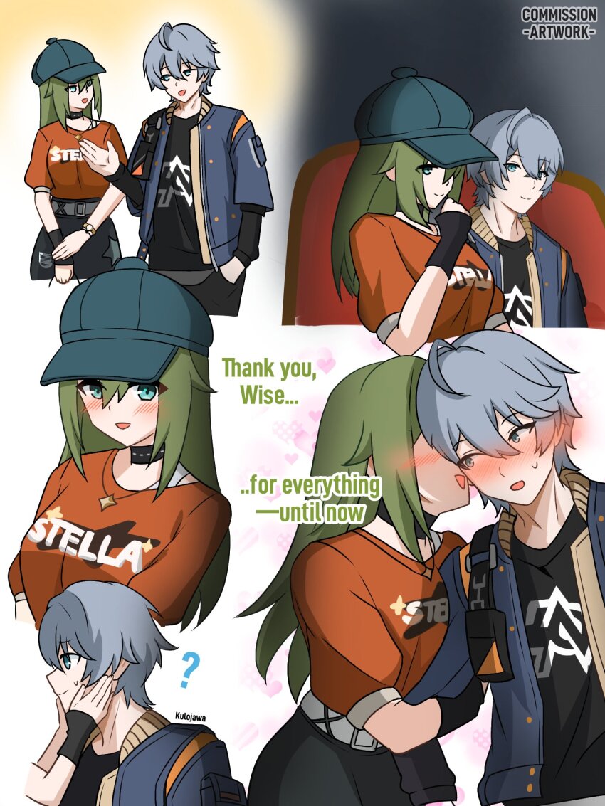 ? black_choker black_skirt blush choker fingerless_gloves gloves green_eyes green_hair hand_on_another&#039;s_face hat highres jacket jewelry kulojawa locked_arms long_hair movie_theater necklace short_hair simple_background sitting skirt star_(symbol) star_necklace sweatdrop venus_(zenless_zone_zero) wise_(zenless_zone_zero) zenless_zone_zero