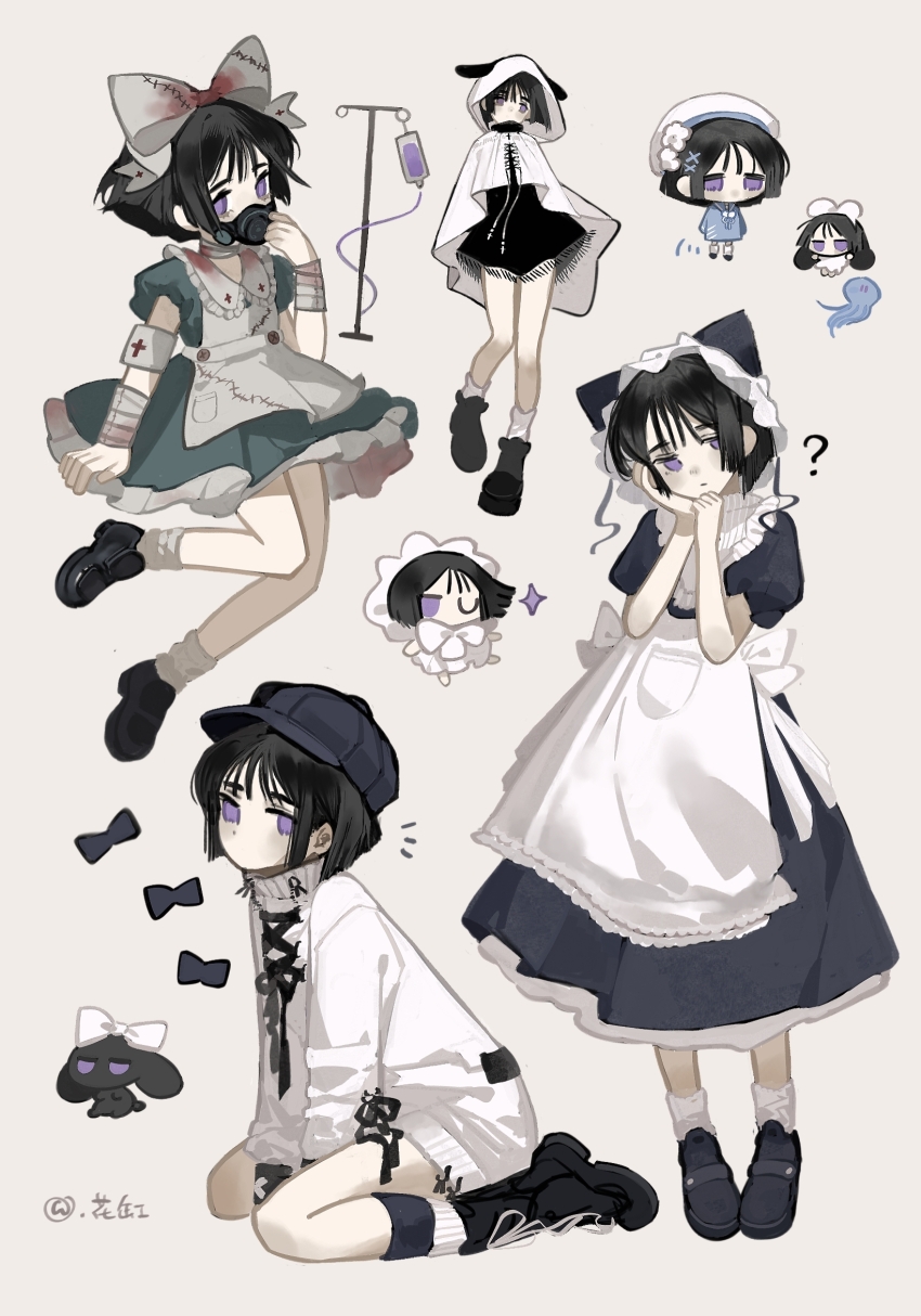 1girl ? alien_stage animal_ears apron aqua_dress armband bandaged_wrist bandages black_dress black_hair black_hat black_shoes blood blood_on_clothes bolihuagang bow cat_ears chibi chibi_inset cloak closed_mouth cross cross_print dress expressionless fake_animal_ears frilled_hairband frills hair_bow hairband hat head_tilt highres hood hooded_cloak kneehighs long_dress looking_at_viewer maid mask mouth_mask multiple_views nurse petticoat puffy_short_sleeves puffy_sleeves purple_eyes respirator shoes short_hair short_sleeves simple_background sitting socks standing sua_(alien_stage) sweater white_apron white_armband white_background white_cloak white_hat white_socks white_sweater