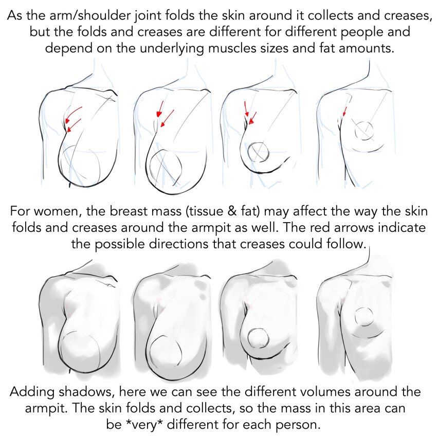 breasts collarbone cropped_torso diaverik english_text faceless faceless_female greyscale highres how_to large_areolae large_breasts medium_breasts monochrome original simple_background small_breasts torso white_background