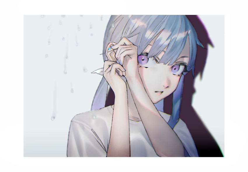 1boy amane_louis blue_hair blue_nails border drop_shadow ear_piercing grey_background hands_up holding holding_needle long_hair looking_at_viewer low_twintails male_focus mi8pq needle parted_lips piercing purple_eyes shirt short_sleeves simple_background solo trap twintails upper_body utau water_drop white_border white_shirt
