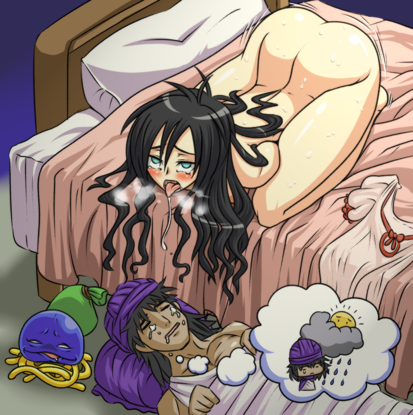 1boy 1girl ahegao aqua_eyes bad_id bad_pixiv_id bed bed_sheet bent_over black_hair blush breath unworn_clothes deborah_(dq5) dragon_quest dragon_quest_v dreaming female_masturbation fingering folded healslime hero_(dq5) highres masturbation mole mole_under_eye nude rolling_eyes saliva sleeping sweat tears tonda tongue turban