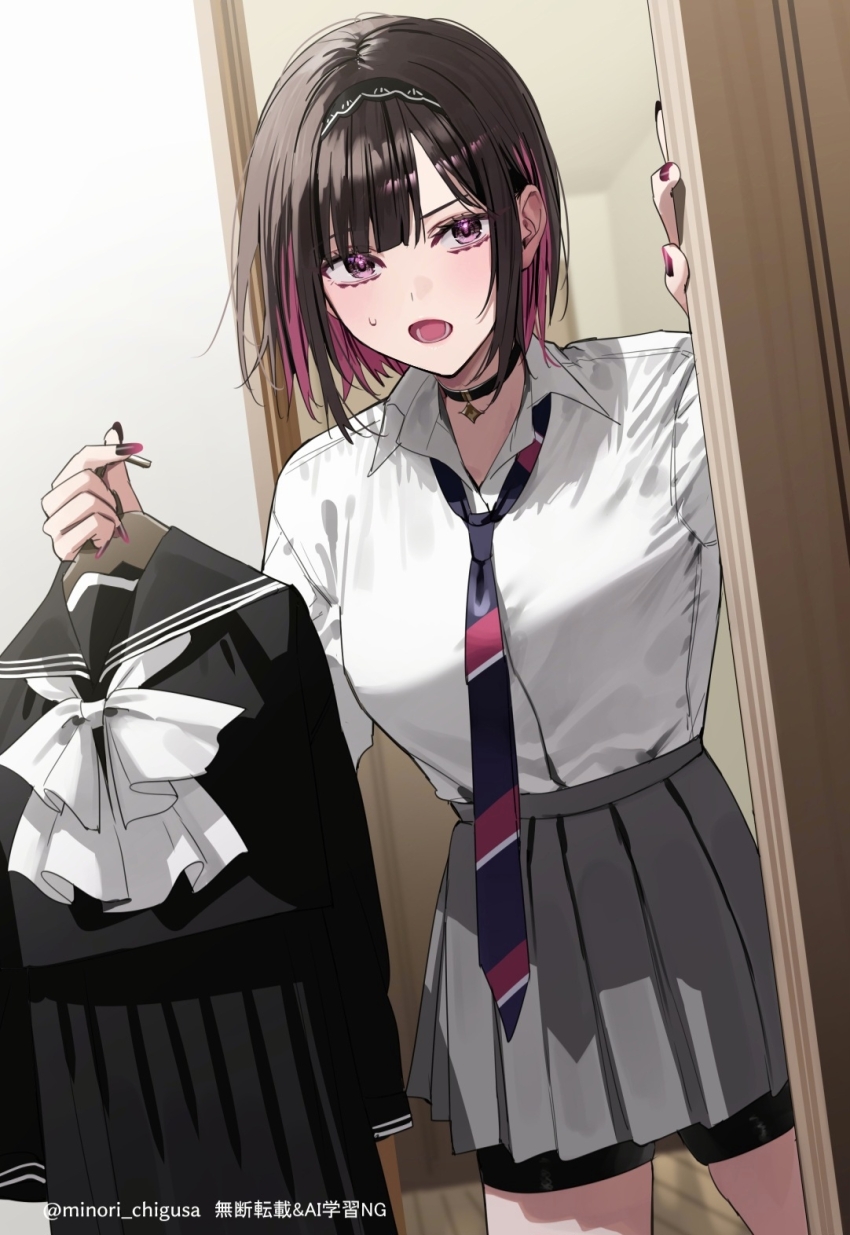 1girl bike_shorts_under_skirt black_choker black_hair black_hairband black_nails black_sailor_collar black_shirt black_shorts black_skirt blue_necktie bow bowtie chigusa_minori choker clothes_hanger collared_shirt colored_inner_hair commentary_request diagonal-striped_clothes diagonal-striped_necktie dress_shirt gradient_nails grey_skirt hairband highres holding holding_clothes_hanger looking_at_viewer lower_teeth_only multicolored_hair nail_polish necktie open_mouth pink_hair pleated_skirt purple_nails sailor_collar school_uniform shino_to_ren shirayuki_ren shirt short_hair shorts skirt solo striped_clothes sweatdrop teeth white_bow white_bowtie white_shirt