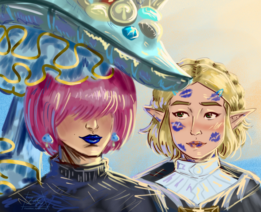 1boy 1girl after_kiss blonde_hair blue_lips blush braid cece_hat_(zelda) crown_braid hair_over_eyes highres link lipstick lipstick_mark lipstick_mark_on_ear lipstick_mark_on_face lipstick_mark_on_forehead looking_at_another makeup mushroom_earrings mushroom_hat nintendo official_alternate_hairstyle pointy_ears princess_zelda purple_hair short_hair smile the_legend_of_zelda the_legend_of_zelda:_tears_of_the_kingdom trap zeldas_eyebrows