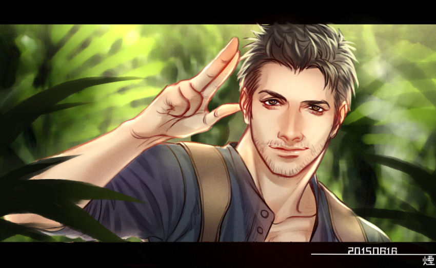 1boy anderain brown_eyes dated facial_hair jungle letterboxed looking_at_viewer male_focus nathan_drake nature salute solo stubble uncharted uncharted_4 upper_body