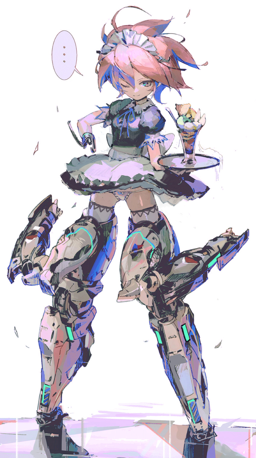 1girl absurdres amputee android commentary_request dress flat_chest food full_body grey_eyes highres holding holding_tray jnt maid maid_headdress mechanical_legs one_eye_closed original panties parfait pink_hair prosthesis prosthetic_arm short_hair smile solo thighhighs tray underwear white_panties