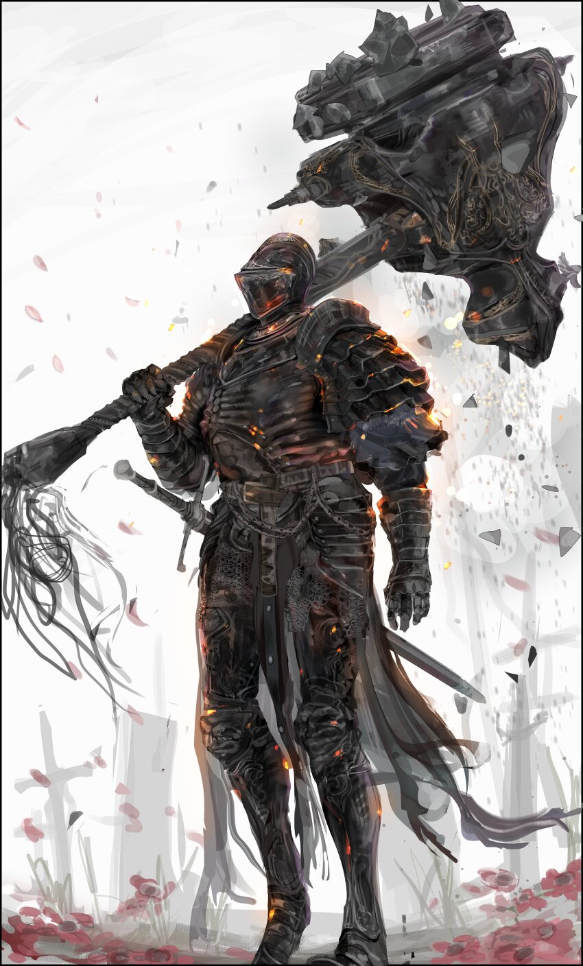 absurdres armor ashen_one_(dark_souls) black_armor dark_souls_(series) dark_souls_iii embers full_armor highres holding holding_weapon huge_weapon multiple_swords nslacka over_shoulder petals planted planted_sword planted_weapon scabbard sheath sword war_hammer weapon weapon_over_shoulder
