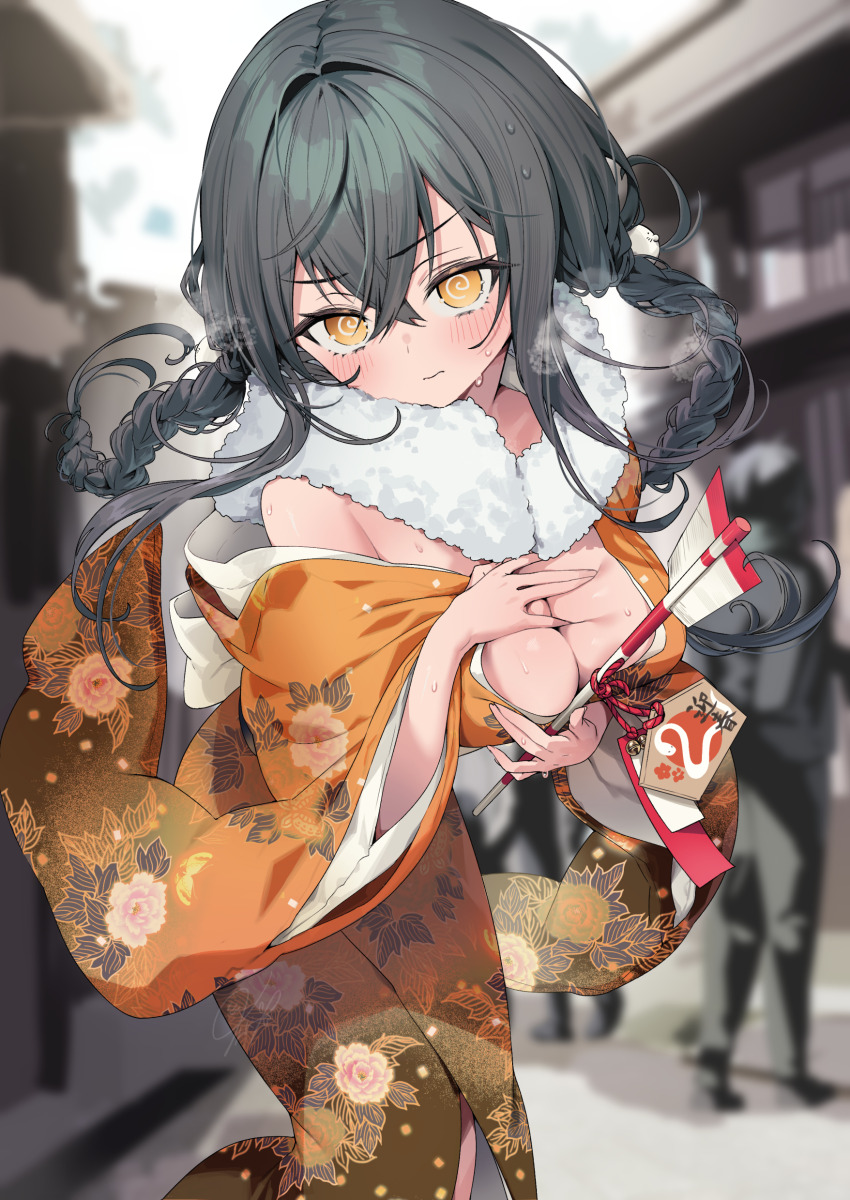 1girl @_@ absurdres bell blurry blurry_background blush braid breasts cleavage closed_mouth commentary_request crossed_bangs floral_print floral_print_kimono fur_scarf green_hair hair_between_eyes highres itohana japanese_clothes jingle_bell kimono large_breasts long_hair long_sleeves looking_at_viewer off_shoulder orange_kimono original outdoors print_kimono solo_focus sweat twin_braids wide_sleeves yellow_eyes