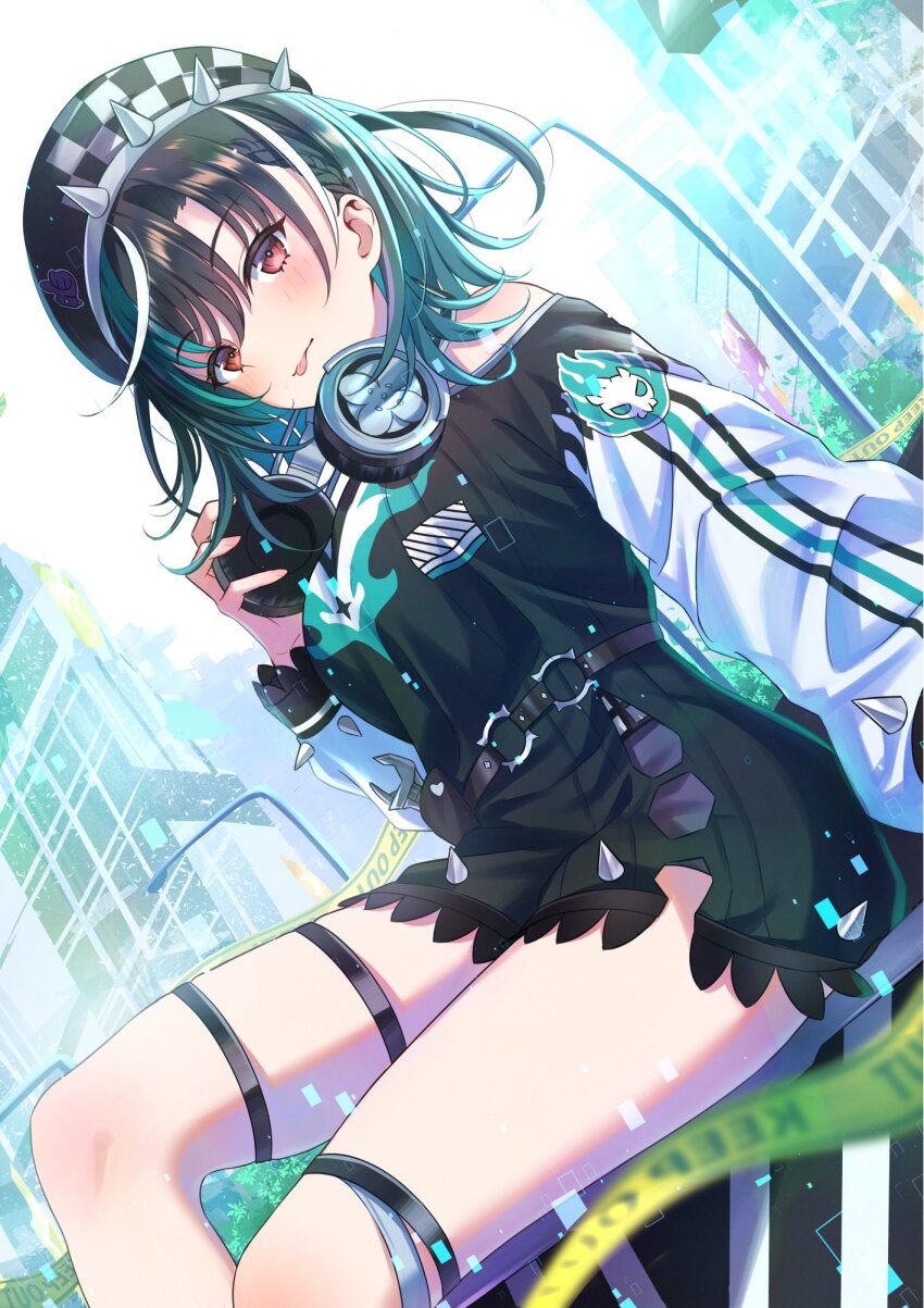1girl asymmetrical_bangs belt beret cityscape dress frilled_sleeves frills from_below gradient_hair hat headphones headphones_around_neck highres hololive hololive_dev_is knee_strap long_sleeves looking_at_viewer medium_hair multicolored_hair o-ring o-ring_belt off_shoulder redpepperoni00 rindo_chihaya sitting solo spiked_dress spiked_hat spiked_sleeves strapless strapless_dress thigh_strap tongue tongue_out virtual_youtuber white_streaks