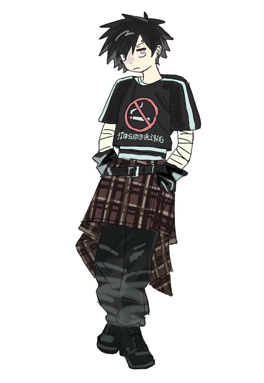 1boy angry aoymkyo bandaged_arm bandages belt black_belt black_gloves black_hair black_pants black_shirt black_shoes closed_mouth crop_top dot_nose earrings eyebrow_piercing full_body gloves grey_eyes hands_in_pockets highres jewelry looking_at_viewer male_focus original overskirt pants piercing plaid_overskirt print_shirt scar scar_across_eyebrow scar_on_face shirt shoes short_hair simple_background solo standing stud_earrings undershirt white_background