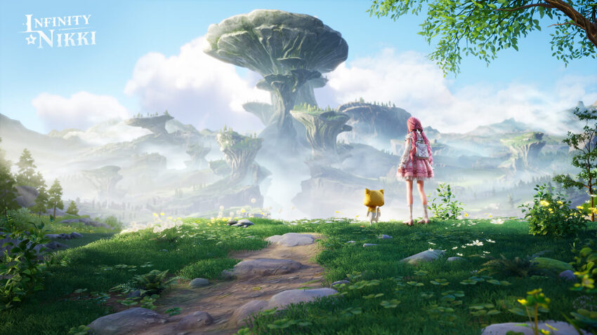 1girl 3d animal ankle_socks artist_request backpack bag black_bow black_ribbon blue_sky bow bush cat cloak clothed_animal cloud copyright_name daisy_(flower) day ear_covers flower fog frilled_shirt frilled_skirt frilled_sleeves frills full_body grass hair_bow hair_ribbon hood hood_up hooded_cloak infinity_nikki key_visual logo long_hair long_sleeves low_twintails miniskirt momo_(nikki) mountain nikki_(nikki) nikki_(series) official_art outdoors pink_hair pink_shoes pink_skirt pleated_skirt promotional_art ribbon rock scenery shirt shoes skirt sky snowflake_print socks standing third-party_source tree tress_ribbon twintails very_long_hair white_bag white_cat white_flower white_shirt white_socks yellow_cloak yellow_flower