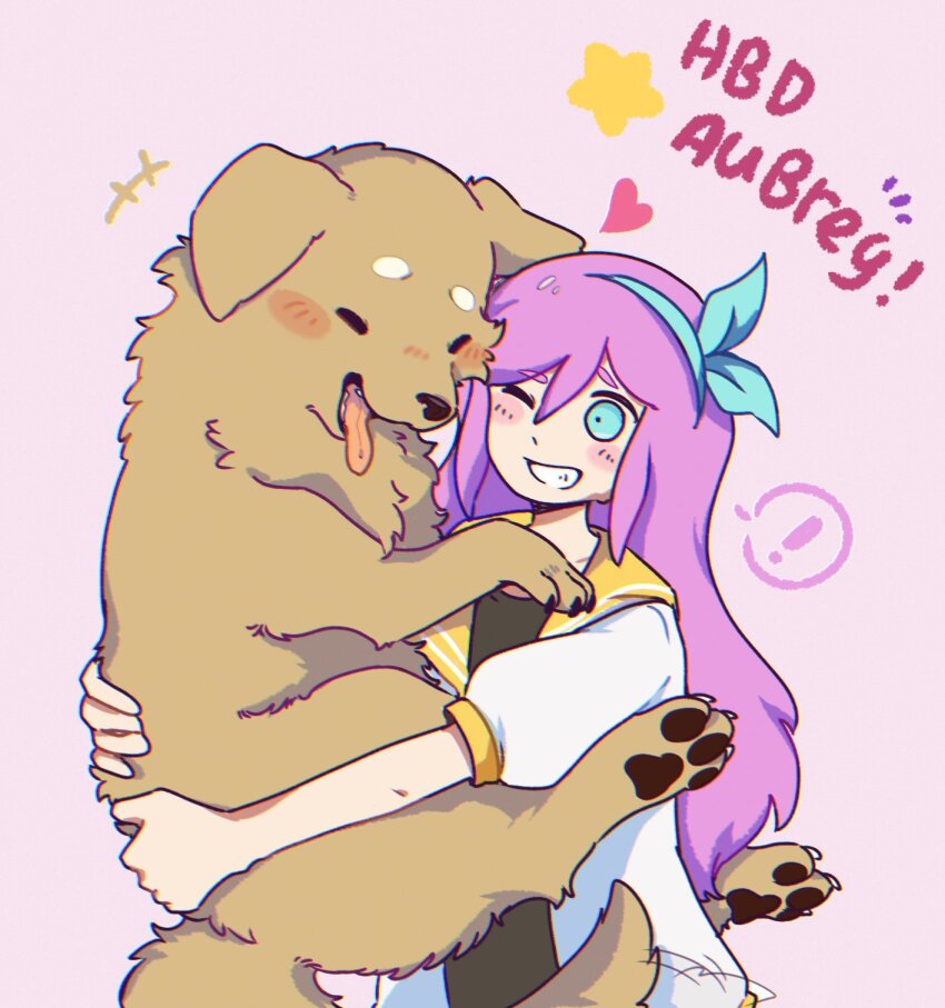 ! 1girl afterimage animal aubrey_(faraway)_(omori) aubrey_(omori) black_shirt blue_eyes commentary dog grin happy_birthday heart highres holding holding_animal holding_dog jacket long_hair lucas_(omori) motion_lines ni12345670 omori one_eye_closed pink_hair raised_eyebrow shirt smile spoken_exclamation_mark star_(symbol) tail tail_wagging tongue tongue_out white_jacket