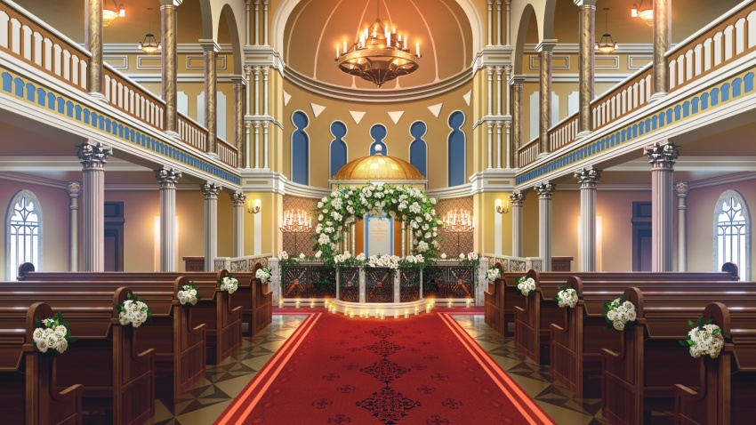 arch bouquet candelabra candlestand chandelier flower hanging_light highres indoors no_humans non-web_source official_art our_life our_life:_beginnings_and_always pew poppy_(flower) railing red_carpet scenery synagogue temple tile_floor tiles variant_set wedding_arch white_flower window