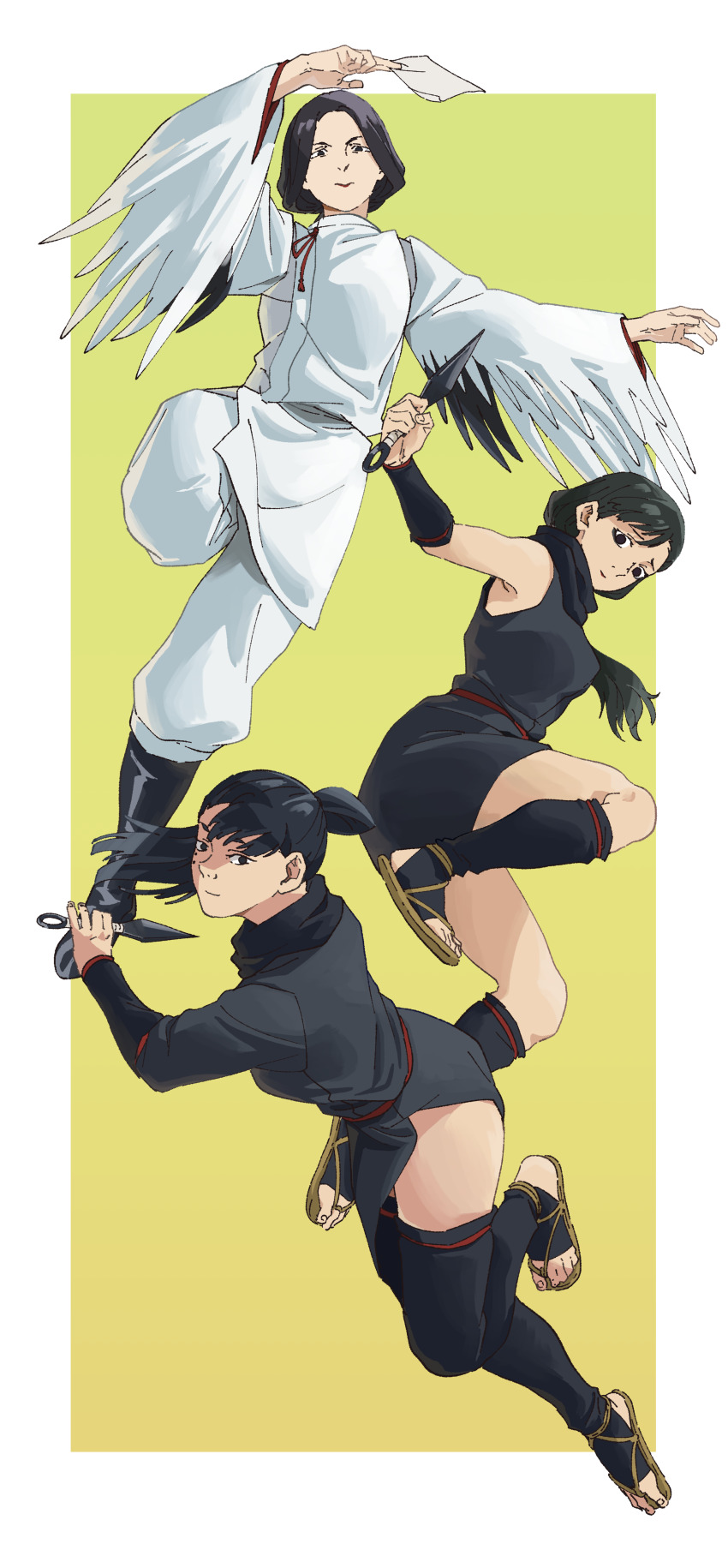 3girls absurdres arm_guards arm_up armor benichidori between_fingers black_footwear black_hair black_kimono black_thighhighs closed_mouth dungeon_meshi fake_wings feather-trimmed_sleeves fighting_stance floating_hair full_body hien highres holding holding_paper holding_weapon japanese_armor japanese_clothes jika-tabi jumping kimono knee_up kote kunai kurokote long_hair long_sleeves looking_at_viewer looking_to_the_side low_twintails maizuru mature_female mole mole_above_eye mole_under_eye multiple_girls outside_border outstretched_arms pants paper parted_bangs pelvic_curtain plantar_flexion ponytail sash shoe_soles short_kimono sideways_glance sleeveless sleeveless_kimono smile swept_bangs thighhighs toeless_legwear twintails waraji weapon white_pants wide_sleeves wings xiaolin_(pixiv3616574335) yellow_background
