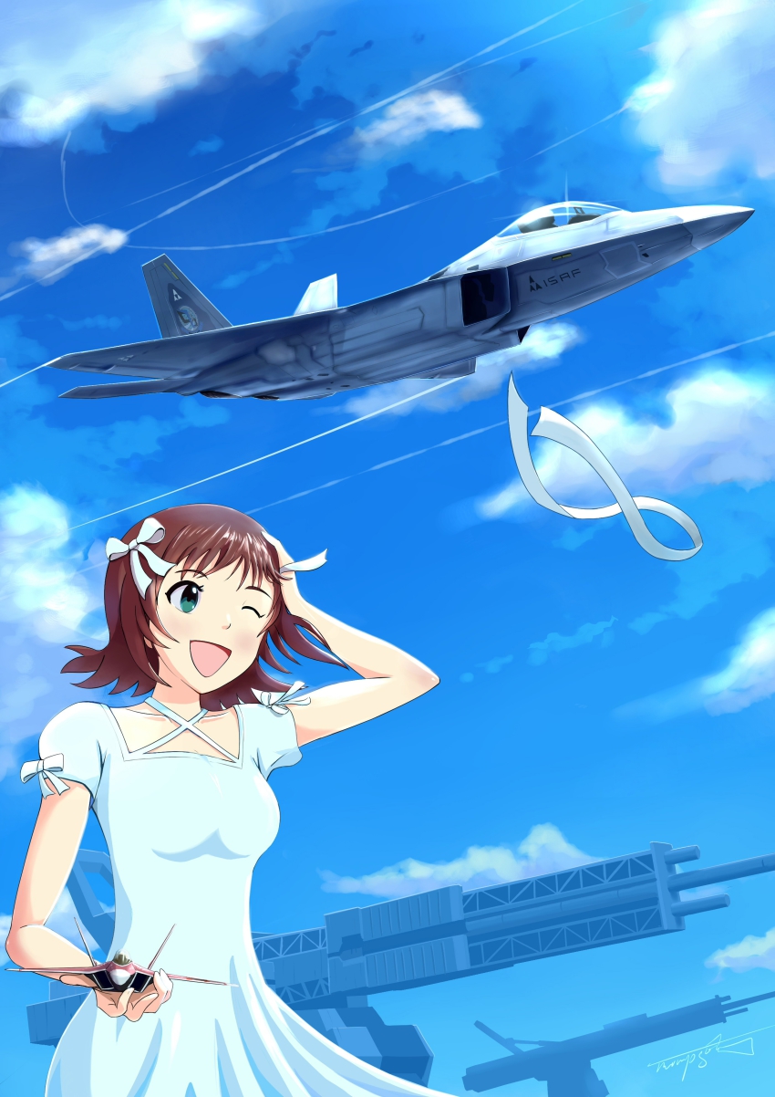 1girl absurdres ace_combat ace_combat_04 aircraft airplane amami_haruka bandai_namco blue_sky bow breasts brown_hair cloud collarbone contrail crossover day dress emblem f-22 fighter_jet green_eyes hair_bow hair_ribbon highres idolmaster idolmaster_(classic) isaf magnetic_weapon military military_vehicle mobius_1 mobius_strip model namco one_eye_closed pilot railgun ribbon short_hair signature sky small_breasts smile solo_focus stonehenge_(ace_combat) thompson_(solowingfh) vehicle_focus white_dress