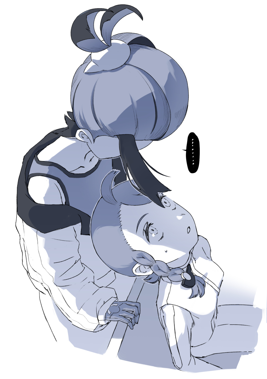 ... 1boy 1girl absurdres blueberry_academy_school_uniform braid commentary_request greyscale hair_ornament highres jacket juliana_(pokemon) kanten_pan kieran_(pokemon) long_sleeves looking_up monochrome multicolored_hair nintendo open_clothes open_jacket parted_lips pokemon pokemon_sv school_uniform simple_background sitting spoken_ellipsis sweat tank_top