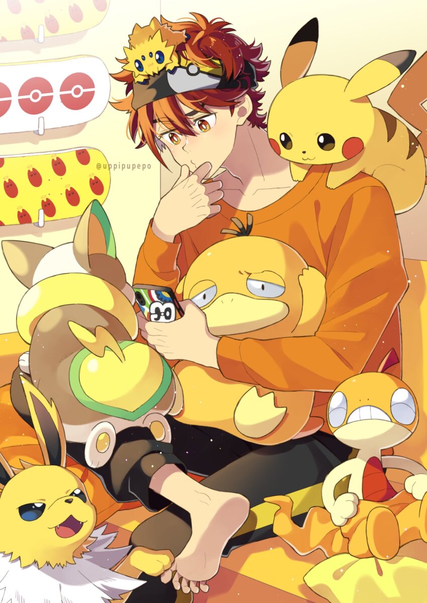 1boy 5others barefoot black_pants feet game_freak gen_1_pokemon gen_5_pokemon gen_8_pokemon headband highres jolteon joltik kyan_reki long_sleeves multiple_others nintendo orange_eyes orange_hair orange_shirt pants pikachu pokemon psyduck red_hair scraggy shirt sk8_the_infinity skateboard toes uppi white_fur yamper yellow_fur