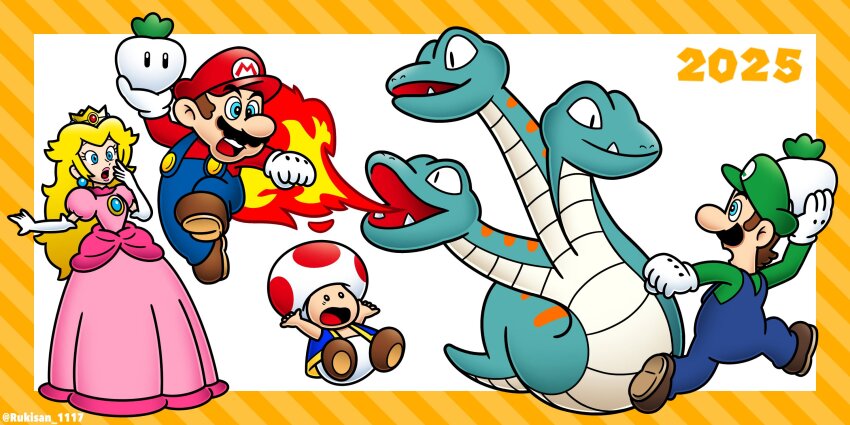 1girl 2025 3boys blonde_hair blue_eyes border breath_weapon breathing_fire brooch brown_hair chinese_zodiac crown dress elbow_gloves facial_hair fangs fighting fire full_body gloves hat highres jewelry lipstick long_hair luigi makeup mario mario_(series) multiple_boys mustache nintendo open_mouth overalls pink_lips princess_peach rukisan_1117 super_mario_bros._2 toad_(mario) tryclyde turnip turnip_(mario) vest white_background year_of_the_snake yellow_border