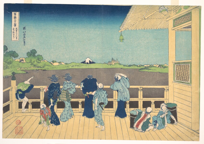 19th_century 3girls 6+boys absurdres barefoot bird blue_sky facing_away fine_art_parody gradient_sky hair_ornament highres hokusai japan japanese_clothes japanese_text kimono landscape mount_fuji mountain multiple_boys multiple_girls nihonga original outdoors parody pointing scenery sky temple thirty-six_views_of_mount_fuji traditional_media ukiyo-e volcano wooden_floor wooden_wall