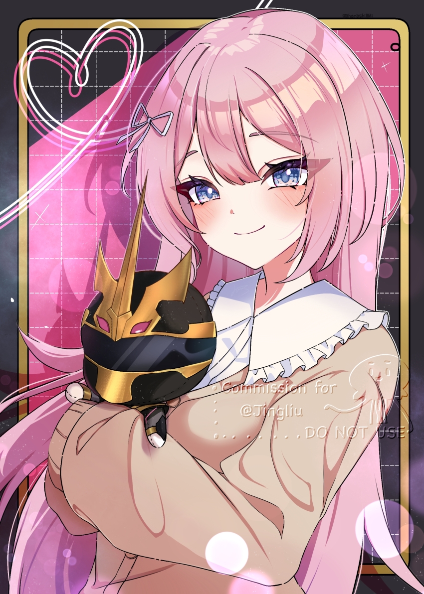 1girl absurdres blue_eyes blush bow character_request closed_mouth hair_bow hana_s heart highres long_hair long_sleeves looking_at_viewer no.1_sentai_gozyuger pink_hair shirt solo stuffed_toy super_sentai sweater_vest watermark white_shirt