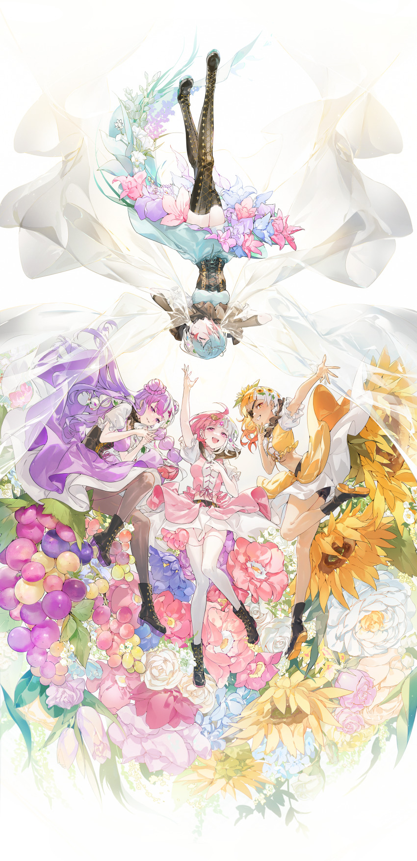 4girls :d absurdres ahoge arm_up autumn_(takt_op.) bird_hair_ornament black_corset black_footwear black_gloves black_shorts blue_dress blue_flower blue_hair blunt_bangs boots chap_sal_! circle_formation closed_eyes closed_mouth colored_shoe_soles corset crop_top curtain_grab curtains double_bun dress flower flower_underskirt food fruit fruit_underskirt full_body gloves grapes grey_hair grin hair_bun hair_flower hair_ornament hand_to_own_mouth highres knee_up knees_together_feet_apart lace-up_boots layered_skirt leaf_hair_ornament leg_up medium_hair midriff mole mole_under_mouth multi-tied_hair multicolored_hair multiple_girls nail_polish neck_ruff open_mouth outstretched_arm pantyhose parted_lips patterned_hair pink_eyes pink_flower pink_nails pink_rose pink_shirt pink_skirt puffy_short_sleeves puffy_sleeves purple_dress purple_eyes purple_flower purple_hair purple_nails rose seasons see-through_curtains shirt short_sleeves shorts shorts_under_skirt skirt smile snowflake_hair_ornament split-color_hair spring_(takt_op.) steepled_fingers streaked_hair summer_(takt_op.) sunflower takt_op. tan teeth thigh_boots thighhighs tulip two-tone_skirt upper_teeth_only white_background white_flower white_hair white_rose white_skirt white_sleeves white_thighhighs winter_(takt_op.) yellow_eyes yellow_flower yellow_nails yellow_shirt yellow_skirt