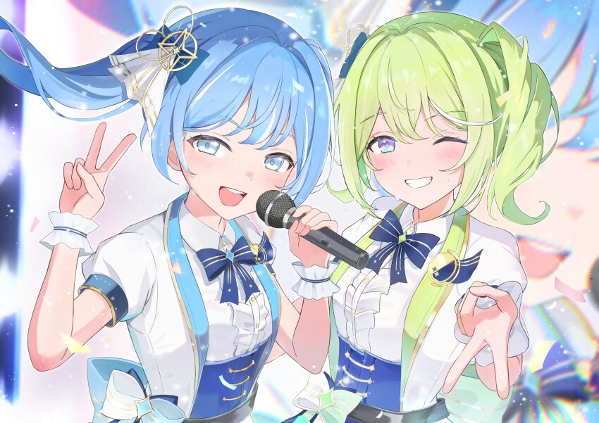 2girls absurdres arahashi_tabi blue_bow blue_bowtie blue_eyes blue_hair bow bowtie catch_(catch9030) center_frills choppy_bangs collared_shirt colored_lapels confetti floating_hair frilled_shirt frills green_hair grin gyaru_v hands_up hashtag-only_commentary highres holding holding_microphone jacket lapel_pin lapels light_blush long_hair microphone multicolored_hair multiple_girls one_eye_closed open_clothes open_jacket open_mouth purple_eyes shirt short_sleeves side_ponytail smile stellive streaked_hair striped_bow striped_bowtie striped_clothes sweat underbust upper_body v virtual_youtuber white_jacket white_shirt wing_collar wristband yuzuha_riko