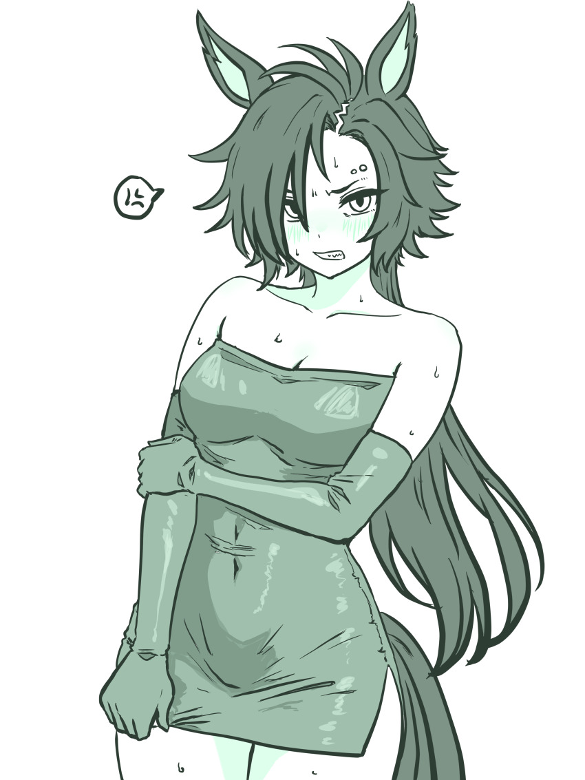 1girl absurdres air_shakur_(umamusume) alternate_costume anger_vein animal_ears bare_shoulders blush bodycon breasts cleavage clenched_teeth clothes_pull collarbone commentary_request covered_navel cowboy_shot dress dress_pull ear_ornament ear_piercing elbow_gloves eyebrow_piercing gloves greyscale highres horse_ears horse_girl horse_tail ichimisan long_hair monochrome partial_commentary piercing simple_background small_breasts solo spoken_anger_vein strapless strapless_dress sweat tail teeth umamusume v-shaped_eyebrows very_long_hair white_background