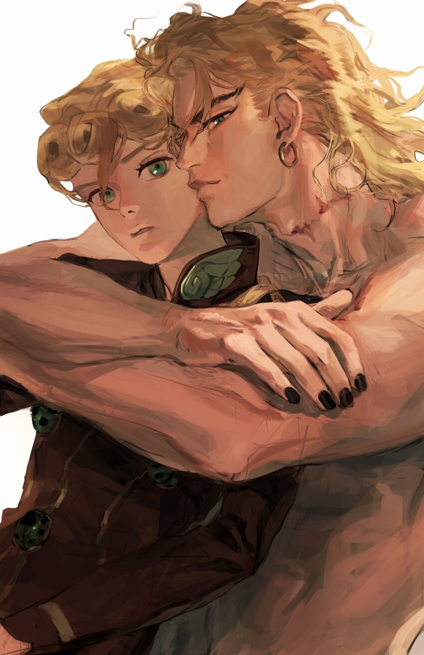 2boys abs absurdres arms_up black_jacket black_nails blonde_hair closed_mouth commentary crossed_arms dio_brando dutch_angle earrings father_and_son giorno_giovanna green_eyes hair_between_eyes high_collar highres hug jacket jewangchobab jewelry jojo_no_kimyou_na_bouken long_hair long_scar looking_at_viewer male_focus multiple_boys nail_polish parted_lips piercing scar scar_on_neck simple_background single_earring stardust_crusaders symbol-only_commentary topless_male upper_body vento_aureo white_background