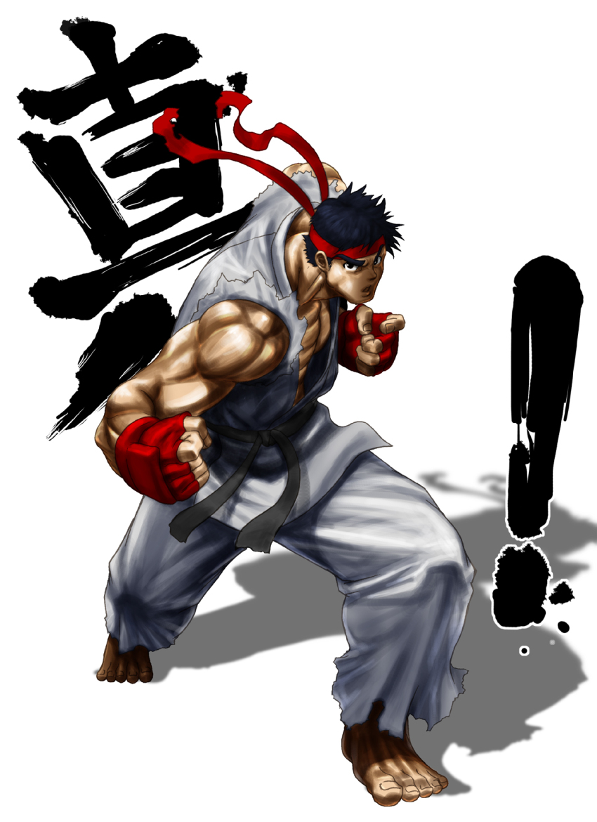 barefoot black_hair capcom clenched_hand clenched_hands fingerless_gloves gloves highres kazue male_focus muscular ryu_(street_fighter) solo street_fighter