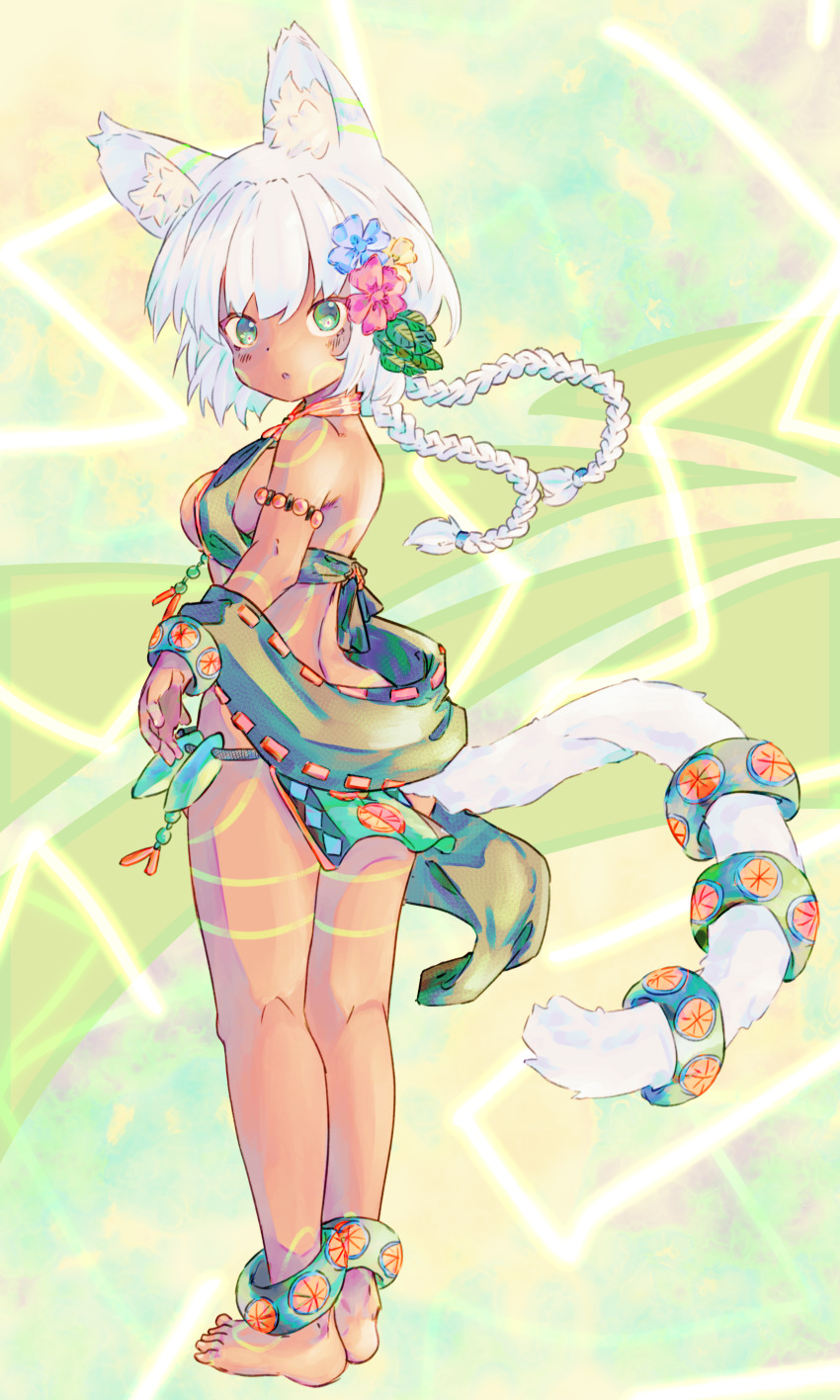 1girl absurdres animal_ears anklet bangle barefoot bracelet braid breasts cat_ears cat_girl chaosexceed dark-skinned_female dark_skin flower full_body green_eyes hair_flower hair_ornament highres jewelry long_hair medium_breasts original sideboob tribal twin_braids white_hair
