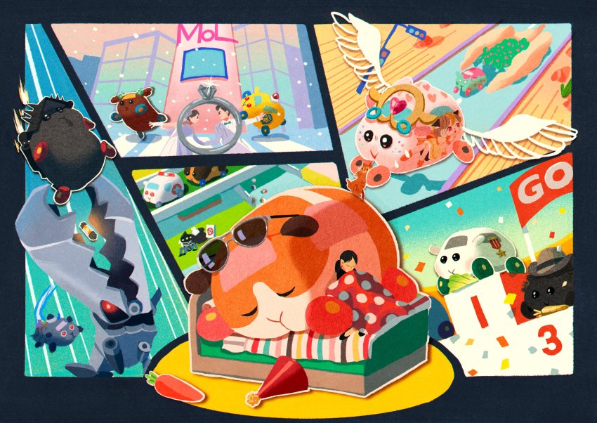 1boy 2girls 3others abbey_(pui_pui_molcar) absurdres akino_fukuji ambulance_molcar animal aviator_sunglasses badge bed black_footwear black_hair blanket bound bow bowtie bridal_veil bride brown_hair carrot cat chappy_(pui_pui_molcar) choco_(pui_pui_molcar) closed_eyes commentary_request confetti cross crosswalk dress dust_cloud eyewear_on_head feathered_wings flying formal_clothes glint gloves golden_carrot greek_cross groom guinea_pig hat unworn_hat unworn_headwear heart highres holding holding_animal holding_cat husband_and_wife itasha jewelry lettuce molcar morumi multiple_girls multiple_others non-humanoid_robot on_bed outstretched_arm party_hat patrol_molcar podium polka_dot ponytail potato&#039;s_driver_(pui_pui_molcar) potato_(pui_pui_molcar) pui_pui_molcar red_eyes ring robot robot_animal shiromo_(pui_pui_molcar) skating sleeping sleeping_on_person snowing suit sunglasses sweat teddy_(pui_pui_molcar) tied_up_(nonsexual) time_molcar traffic_light trash trash_bag treasure_molcar veil wedding_dress wheel white_gloves white_suit white_wings wings zombie