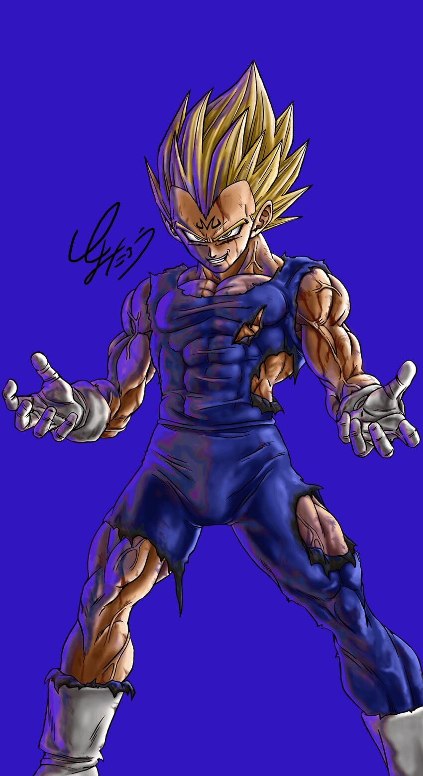 1boy blonde_hair blood blue_eyes boots crazy_grin dragonball_z evil_grin evil_smile gloves grin highres majin_vegeta smile standing torn_clothes vegeta