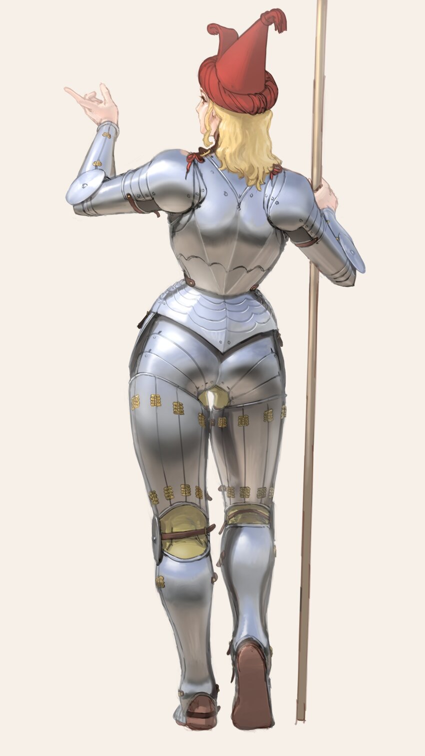 1girl absurdres armor ass blonde_hair female_knight grey_background highres holding holding_polearm holding_weapon knight lance long_hair original polearm simple_background thigh_gap wass_nonnam weapon