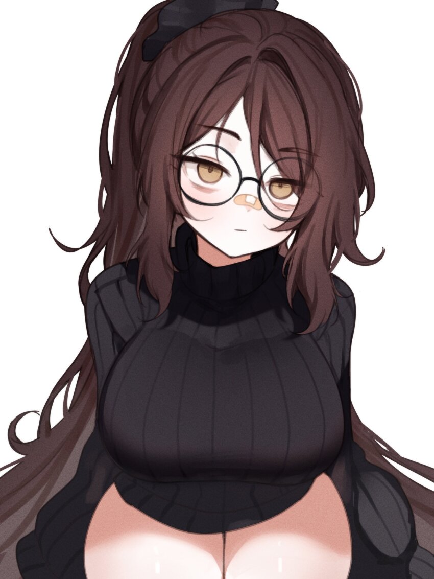 1girl bags_under_eyes bandaid bandaid_on_face bandaid_on_nose black_scrunchie black_sweater breasts brown_eyes brown_hair expressionless hair_between_eyes hair_ornament hair_scrunchie highres indie_virtual_youtuber large_breasts long_hair looking_at_viewer messy_hair ponytail ribbed_sweater round_eyewear scrunchie simple_background sitting sky_above_me sky_above_me_(vtuber) sleeves_past_fingers sleeves_past_wrists solo sweater thighs very_long_hair virtual_youtuber white_background