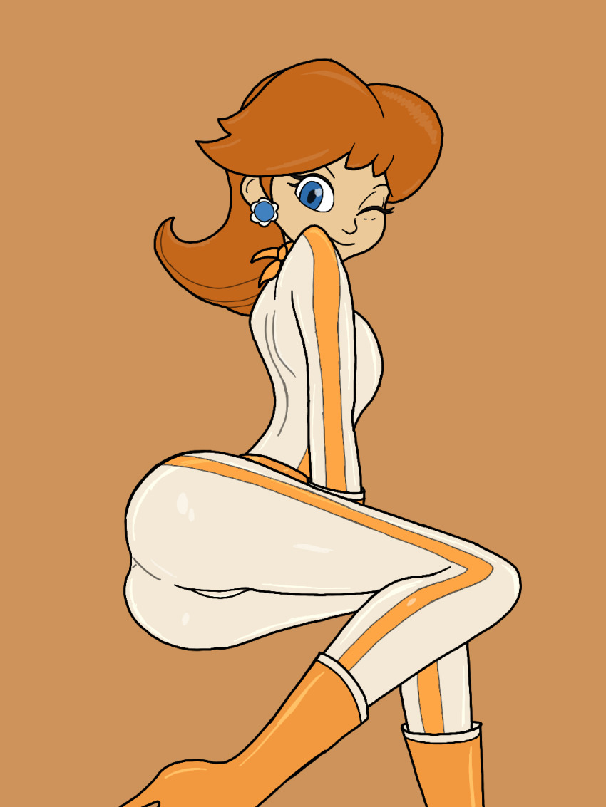 1girl ass biker bodysuit boots daisy_(flower) earrings flower flower_earrings formal_clothes grin highres jewelry mario_(series) mario_kart nintendo one_eye_closed princess_daisy smile spandex suit super_mario_land tomboy wink