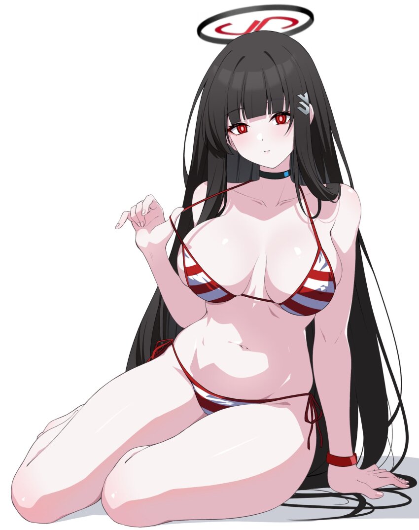 1girl alternate_costume arm_support bare_legs bare_shoulders bikini black_choker black_hair black_halo blue_archive blunt_bangs blush breasts choker closed_eyes collarbone covered_erect_nipples full_body halo halterneck highres large_breasts long_hair looking_at_viewer mechanical_halo multiple_expressions multiple_views navel purple_eyes red_bikini red_eyes reia_76 rio_(blue_archive) side-tie_bikini_bottom simple_background sitting smile solo stomach straight_hair strap_lift string_bikini striped_bikini striped_clothes swimsuit thighs very_long_hair white_background white_bikini wristband yokozuwari