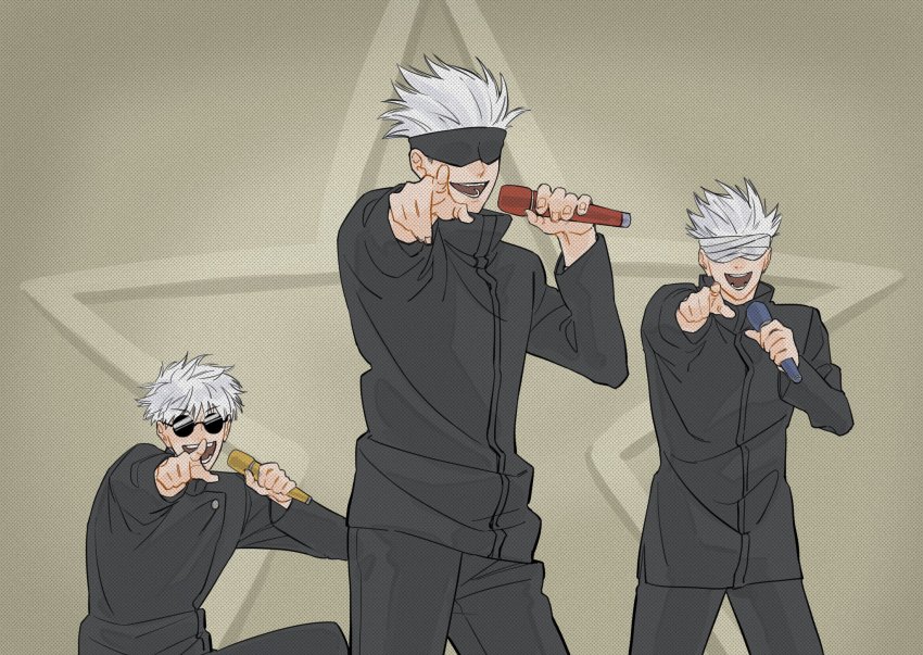 3boys :d bandages bandages_over_eyes black_jacket black_pants blindfold covered_eyes cowboy_shot facing_viewer fuse_(2sau3) gojou_satoru grey_background hand_up high_collar highres holding holding_microphone jacket jujutsu_kaisen long_sleeves male_focus microphone multiple_boys multiple_persona open_mouth pants pointing pointing_at_viewer round_eyewear short_hair smile squatting sunglasses upper_body white_hair