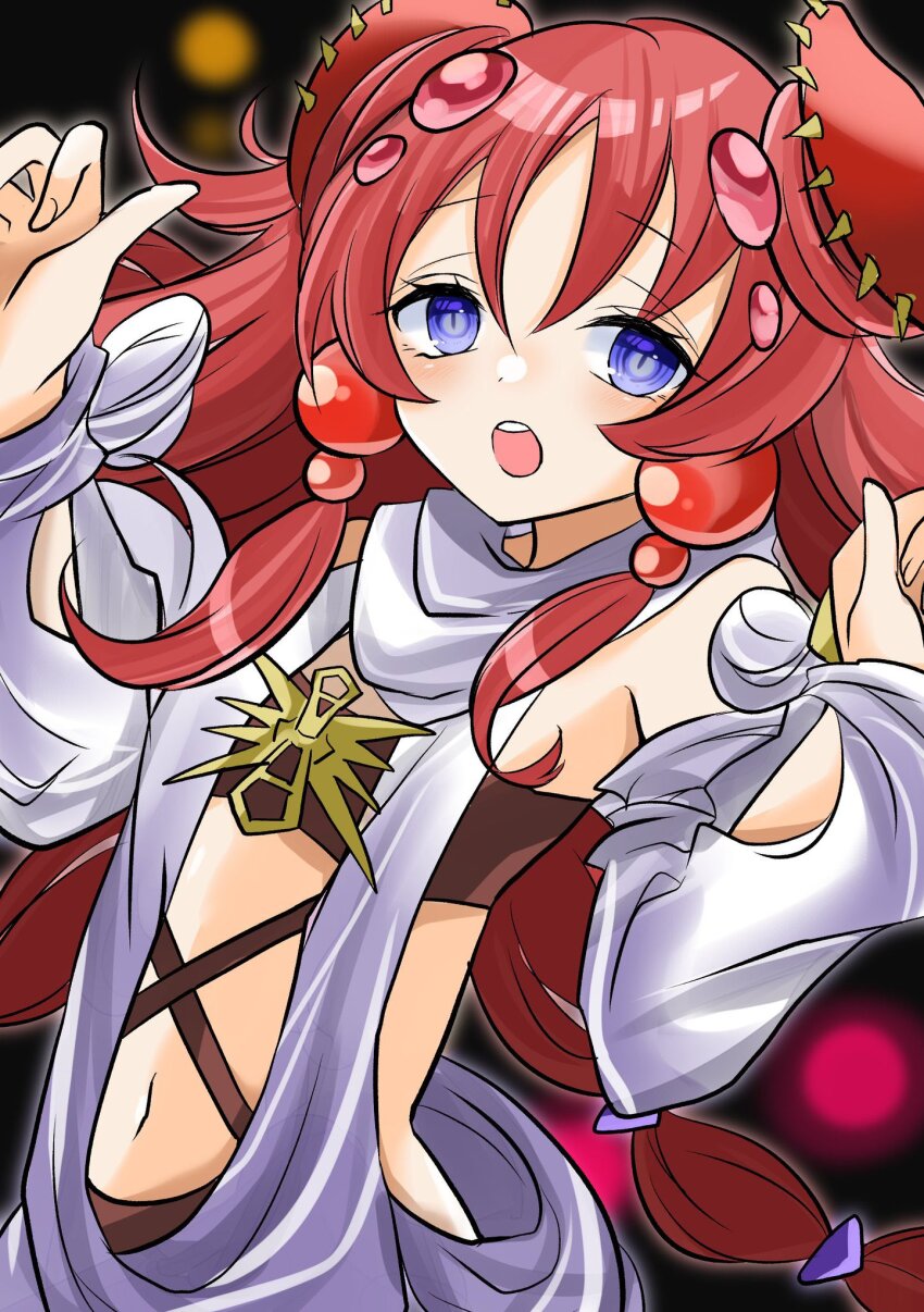 1girl arthropod_girl blue_eyes blush duel_monster flat_chest hair_between_eyes highres insect_girl long_hair looking_at_viewer navel open_mouth red_hair silk solo spider_girl spider_web stomach teeth traptrix_atypus ukyou_kuro upper_teeth_only very_long_hair yu-gi-oh!