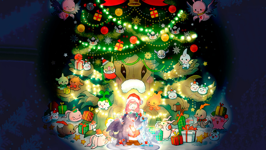 1girl :3 :d blush_stickers chocomon christmas christmas_lights christmas_ornaments christmas_tree closed_eyes cupimon digimon digimon_(creature) digimon_adventure digimon_card_game digimon_linkz fur-trimmed_headwear fur_trim gift glowing green_headwear gummymon happy hat jazamon jyureimon jyureimon_(christmas_tree) koromon kurihara_hina mamemon marinangemon minomon mochimon non-web_source open_mouth party_hat petimeramon pickmon pink_hair pom_pom_(clothes) pukamon red_headwear santa_hat smile spanish_commentary star_(symbol) tanemon tokomon vorvomon yukimibotamon