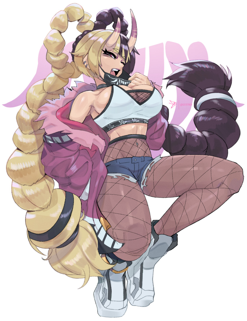1girl ayaka_(athighhighguy) bare_shoulders black_hair blonde_hair braid breasts ear_piercing fangs fishnets full_body geistbox horns jacket large_breasts long_hair mask mouth_mask multicolored_hair navel navel_piercing oni open_mouth piercing pink_eyes shoes shorts sneakers teeth teeth_print_mask two-tone_hair upper_teeth_only very_long_hair white_background