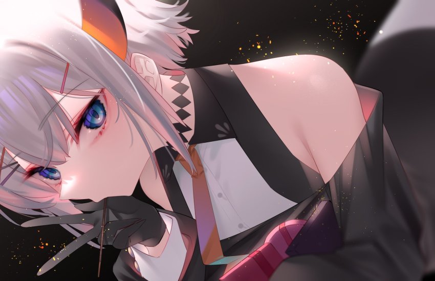 1girl 7zu7 bare_shoulders black_choker black_gloves blue_eyes choker collared_shirt commentary_request food_in_mouth gloves hair_between_eyes hair_ornament hairclip highres horns levi_elipha looking_at_viewer necktie nijisanji orange_necktie pocky pocky_in_mouth shirt short_hair_with_long_locks silver_hair sleeveless sleeveless_shirt solo v virtual_youtuber x_hair_ornament