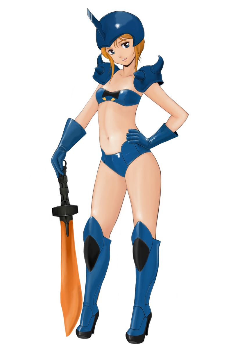 1girl armor bikini bikini_armor blonde_hair blue_bikini blue_boots blue_eyes blue_gloves boots breasts collarbone cosplay elpeo_puru full_body gloves gouf_lady gouf_lady_(cosplay) gundam gundam_zz hand_on_own_hip helmet high_heel_boots high_heels highres holding holding_sword holding_weapon knee_boots komii looking_at_viewer navel open_mouth pauldrons short_hair shoulder_armor simple_background small_breasts solo standing stomach strapless strapless_bikini swimsuit sword weapon white_background