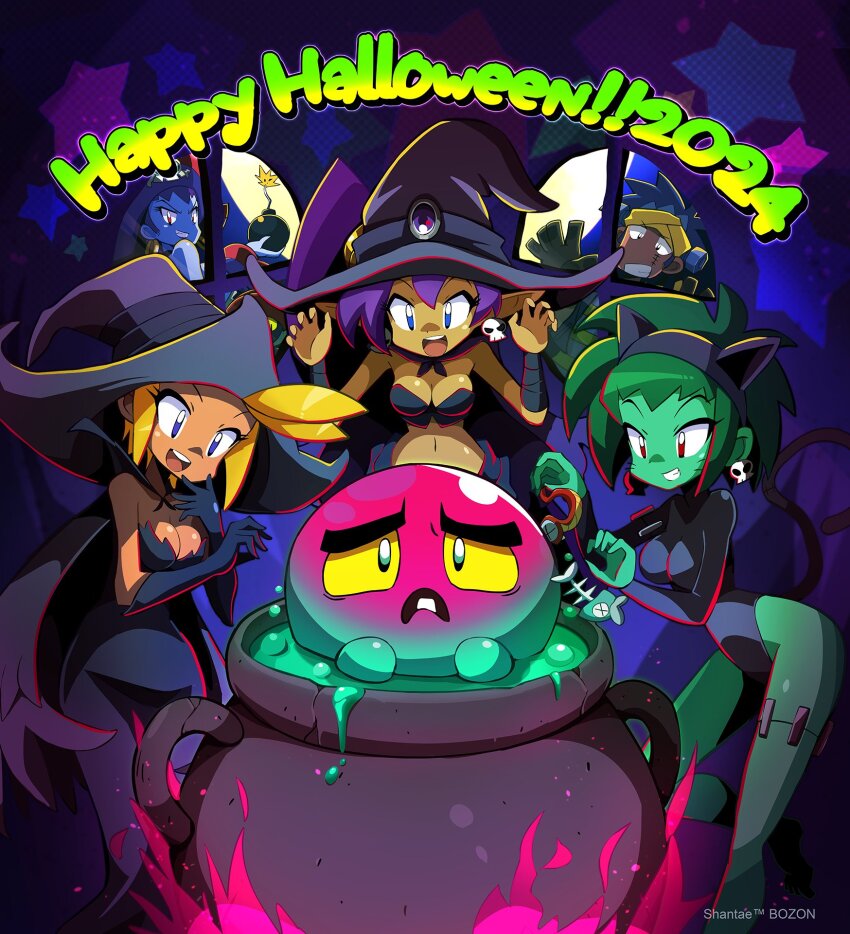 1girl 4girls animal_ear_hairband animal_ears black_dress black_leotard blonde_hair blue_eyes blue_hair blue_skin bolo_(shantae) bomb breasts cape cat_ear_hairband cat_ears cat_tail cauldron cleavage colored_skin dark-skinned_female dark-skinned_male dark_skin dress earrings elbow_gloves explosive fake_animal_ears gloves green_skin hairband halloween hat headband highres holding holding_bomb jewelry leotard multiple_girls object_through_head official_art purple_hair red_eyes risky_boots rottytops sakurajyousui_nami screw_in_head shantae shantae_(series) short_hair skull_earrings sky_(shantae) squid_baron tail witch_hat zombie