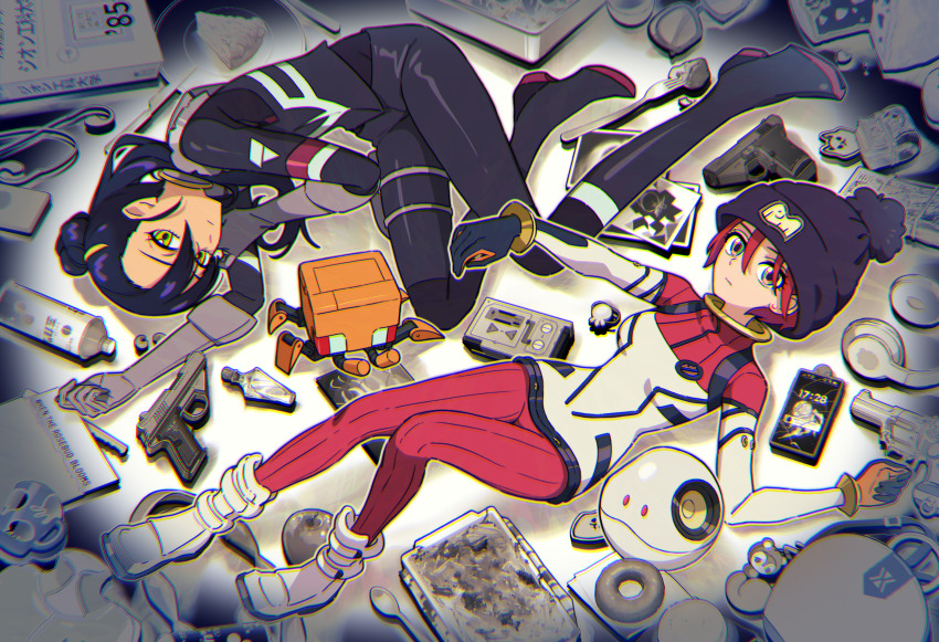 2girls absurdres amate_yuzuriha apple bag banknote beanie black_bodysuit black_hat bodysuit book boots breasts cake cake_slice cellphone closed_mouth coffee_mug commentary_request conch_(gundam) crescent crescent_earrings cup dark-skinned_female dark_skin donut earphones earrings ena1215 expressionless food fork from_above fruit glasses green_eyes gun gundam gundam_gquuuuuux hair_between_eyes hair_bun handgun haro hat headphones highres jewelry looking_at_viewer lotion_bottle lying mecha_pilot_suit medium_breasts money mug multiple_girls non-humanoid_robot normal_suit_(gundam) nyaan_(gundam_gquuuuuux) on_back on_side paper phone photo_(object) pom_pom_(clothes) pom_pom_beanie rectangular_eyewear red_bodysuit red_hair revolver robot single_hair_bun skin_tight smartphone spray_can spray_paint tem_ray&#039;s_circuit two-tone_bodysuit weapon white_bodysuit white_boots yellow_eyes