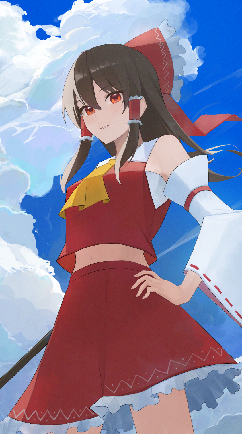 1girl absurdres ascot bare_shoulders blue_sky bow cloud commentary_request cowboy_shot cumulonimbus_cloud detached_sleeves frilled_bow frilled_hair_tubes frilled_skirt frills hair_bow hair_tubes hakurei_reimu hand_on_own_hip highres long_hair looking_at_viewer navel outdoors palulap parted_lips red_bow red_eyes red_skirt red_vest ribbon-trimmed_sleeves ribbon_trim skirt sky smile solo touhou vest wide_sleeves yellow_ascot