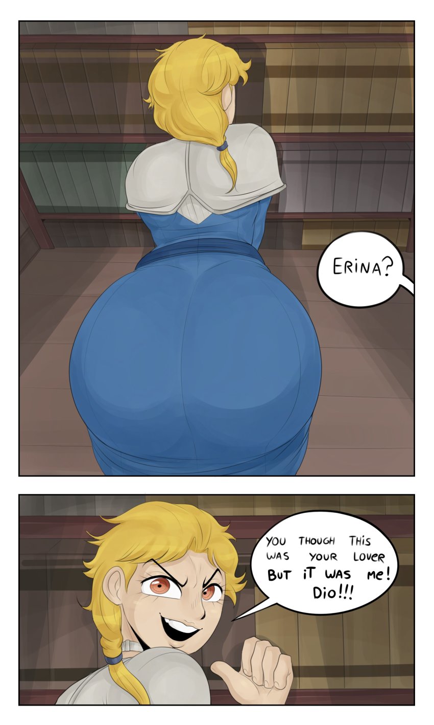 1boy absurdres ass bent_over blonde_hair blue_dress choker cosplay crossdressing detnox dio_brando dress english_text erina_pendleton erina_pendleton_(cosplay) highres huge_ass indoors jojo_no_kimyou_na_bouken jojo_reference kono_dio_da_(meme) looking_at_viewer male_focus medium_hair meme mistaken_identity orange_eyes pale_skin phantom_blood pointing pointing_at_self ponytail speech_bubble vampire
