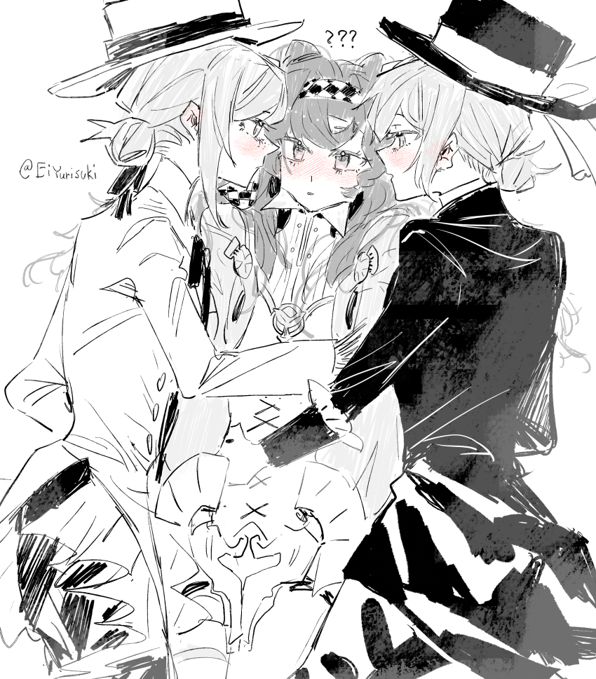 3girls ? ?? absurdres blush checkered_hairband coat commentary dress dual_persona girl_sandwich greyscale hair_bun hairband hashtag-only_commentary hat highres long_hair long_sleeves looking_at_another monochrome multiple_girls parted_lips reverse:1999 sandwiched single_side_bun sonetto_(reverse:1999) spot_color top_hat twitter_username vertin_(reverse:1999) ying_(suetmo) yuri